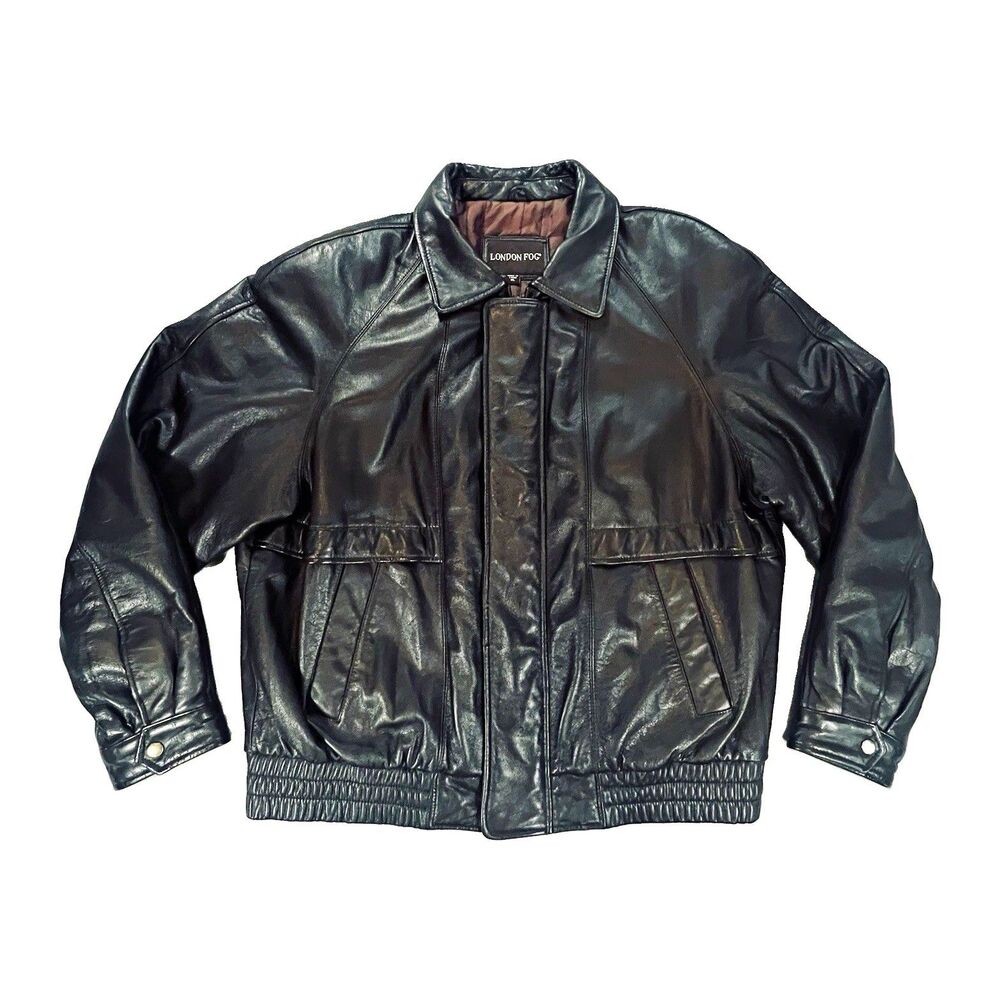 London Fog Dark Brown Genuine Leather Bomber Jacket XL Full Zip Snap Ribbed hem
